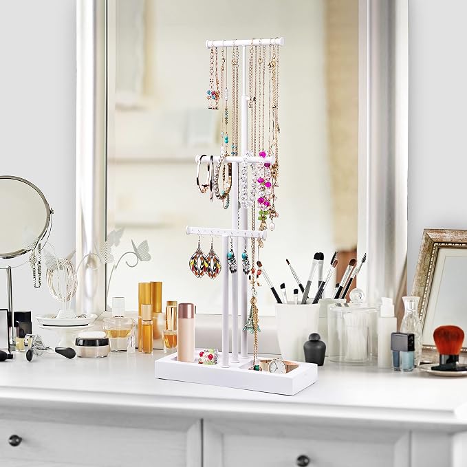 Love-KANKEI 3-Tier Jewelry Organizer Stand Holder,Adjustable Height,White | Metal Rod,Solid Wood Base,Easy to Install,Tree Style,Display Long Necklaces,Bracelets,Earrings,Rings,Watches,Bangles,Gift
