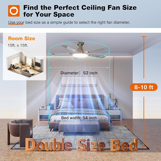 addlon Ceiling Fans with Lights, 52 inch Flush Mount Ceiling fan with Remote Control, Wall Remote, Reversible, 3CCT, Dimmable, Noiseless DC Motor, Nickel Low Profile Ceiling Fan for Bedroom, Farmhouse