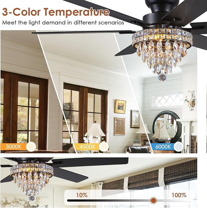 Asyko 52" Low Profile Crystal Ceiling Fans with LED Lights and Remote/APP | Supports Remote and APP,Reversible 6 Wind Speeds,30W Quiet DC Motor,6 Wood Blades,Dimmable 30W LED,Suits for Bedroom Kitchen