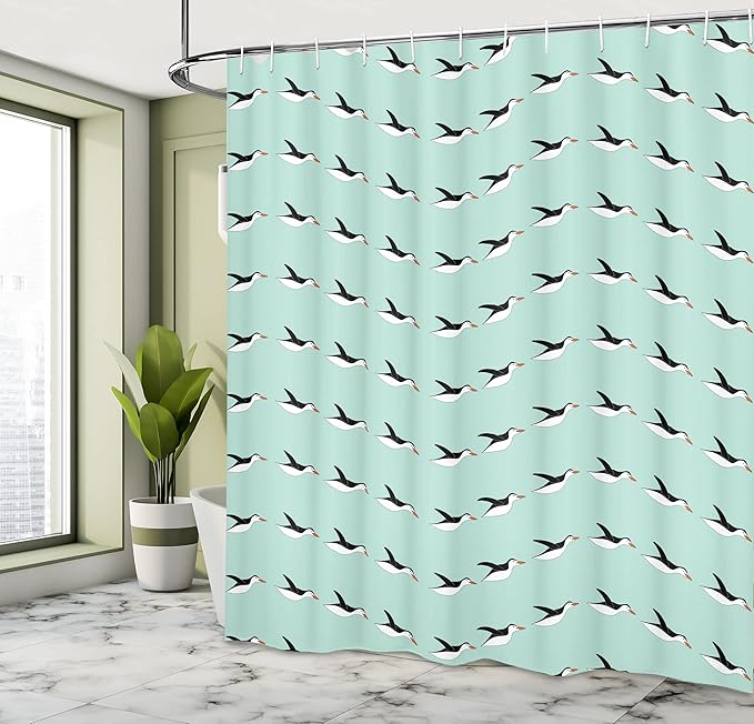 Ambesonne Turquoise Shower Curtain, Penguins Diving in Water Pose Cartoon Animals Repetitive Illustration, Cloth Fabric Bathroom Decor Set with Hooks, 69" W x 70" L, Mint Green and Black