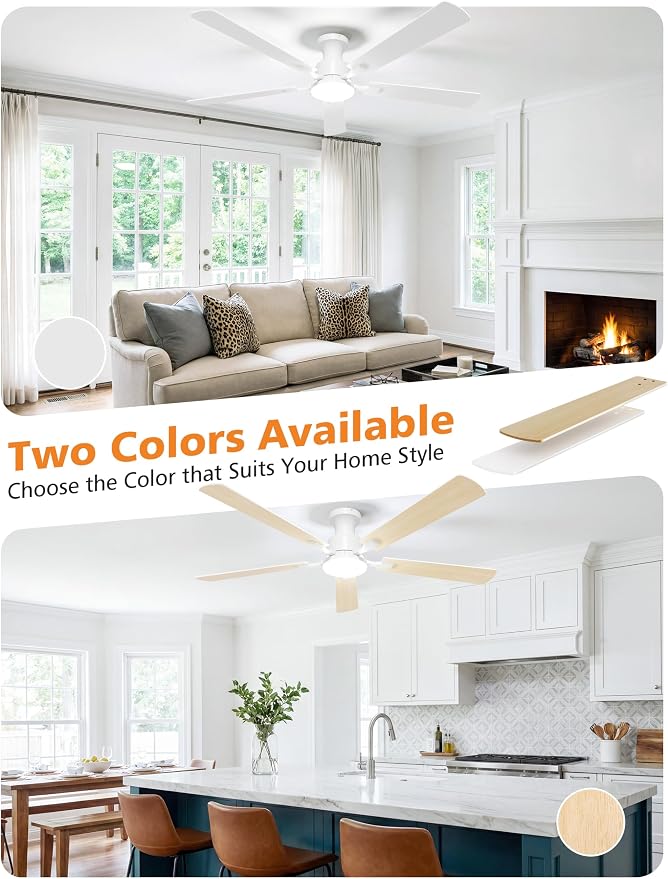 VOLISUN 60 Inch Ceiling Fan with Lights Flush Mount, Low Profile Ceiling Fans with Lights, Remote&APP Control,Dimmable 22W LED Light,Queit&Reversible Fan, White Ceilings Fans for Bedroom, Living Room