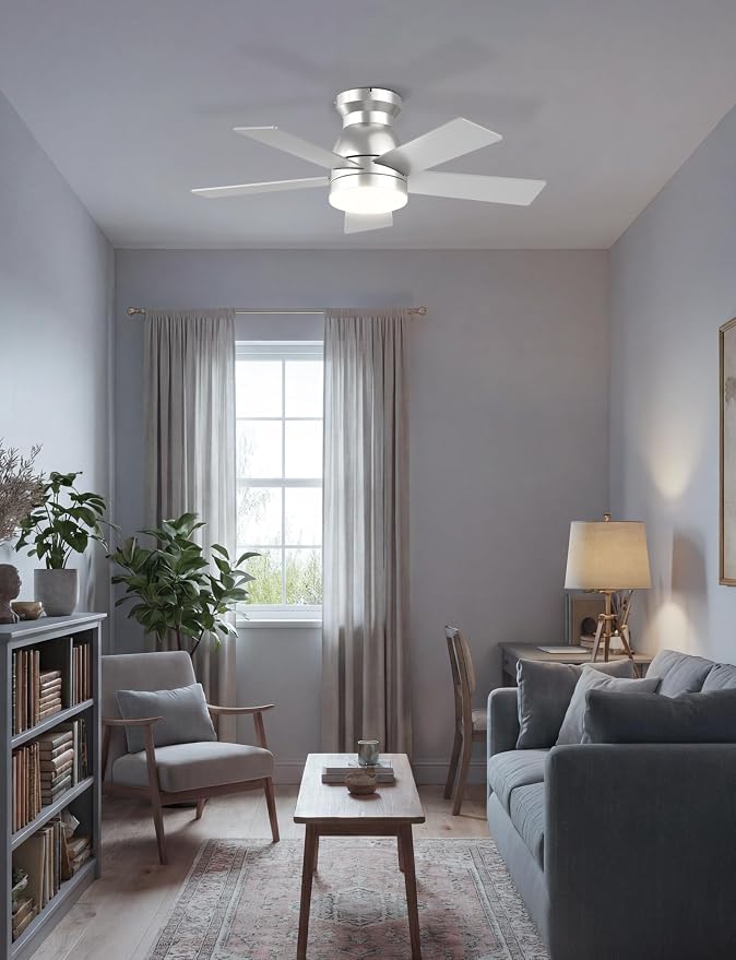 32'' Silver Low Profile Ceiling Fan with Light for Hallway, Closet | Quiet DC Motor, Flush Mount, 3CCT Dimmable, Modern Small Room Ceiling Fan with App/Remote Control