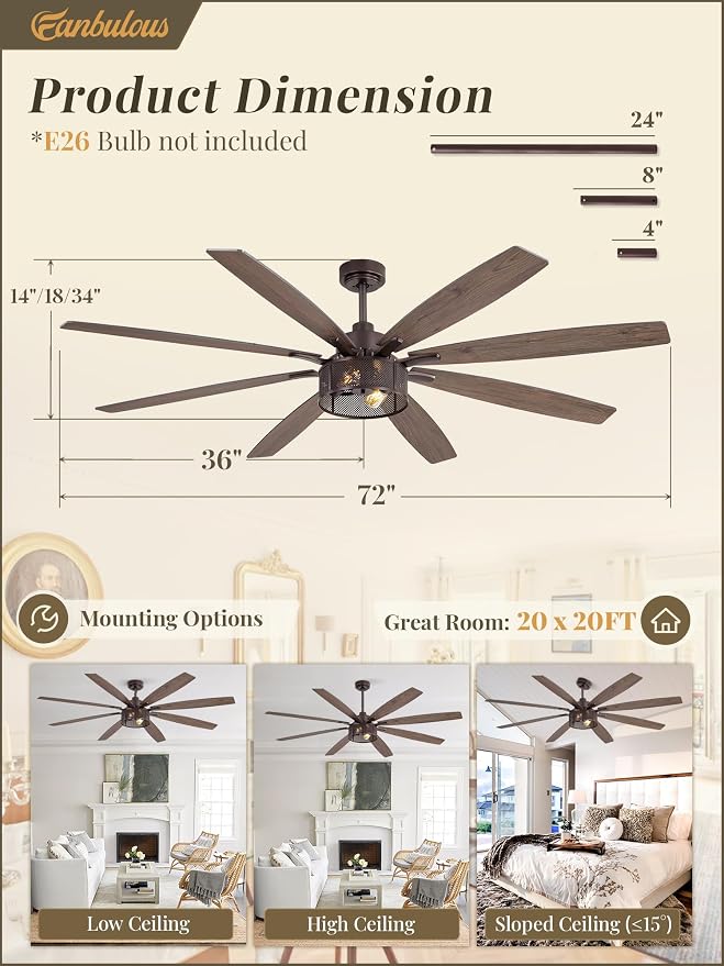 Fanbulous Farmhouse Ceiling Fans with Lights and Remote, 72 Inch Oil Bronze Industrial Caged Ceiling Fans for Bedroom Living Room Kitchen, 6 Speed Reversible Quiet DC Motor, Dual Finish 8 Blades