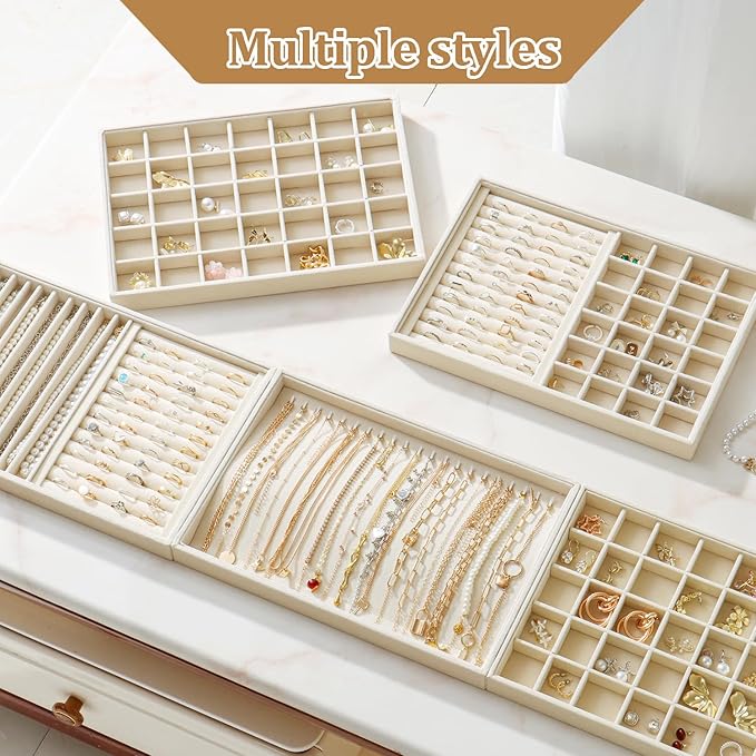 Large Velvet Jewelry Tray 2 Pack Stackable Jewelry Display Drawer Inserts Trays Organizer for Earring Bracelet Necklace Ring (Beige, 35 Grids)