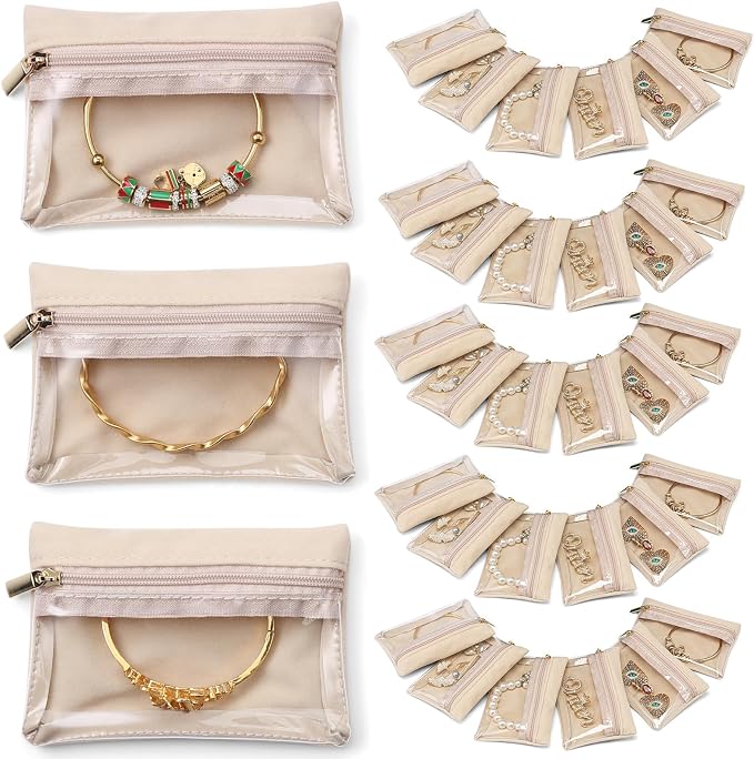 VLANDO Jewelry Travel Case,Travel Jewelry Organizer with Clear Velvet Jewelry Bags Zipper Pouch for Women Girl Gift 33Pcs