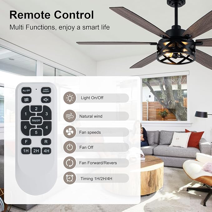 60“ Farmhouse Ceiling Fan with Lights Remote, Rustic Ceiling Fan | Black Metal Caged Fandelier Industrial Chandelier, Reversible Quiet DC Motor 6 Speed 6 Dual Blades for Living Room Bedroom