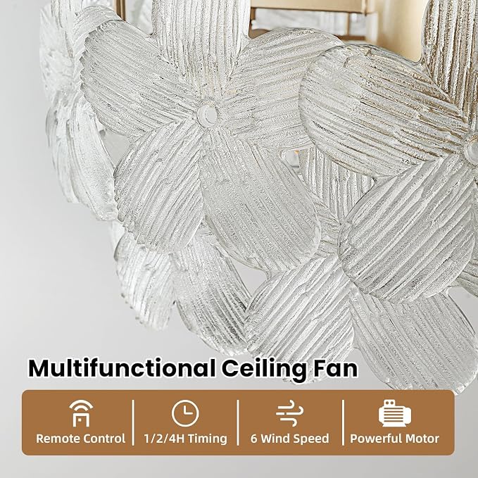 20'' Fandelier Ceiling Fans with Lights, Gold Caged Ceiling Fan with Remote Low Profile, 6 Speed and Petal, Modern Semi Flush Mount Ceiling Fan for Bedroom, Living Room, Nursery
