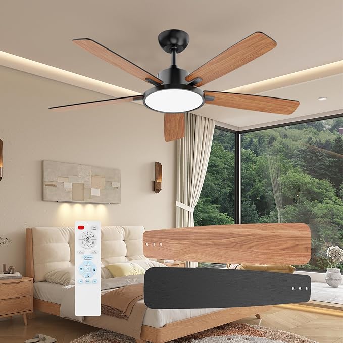 TALOYA 52 Inch Black Ceiling Fans with Lights Led Back Light Remote Control Flush Mount Low Profile for Bedroom Living Room Outdoor Patio,Reversible,DC Motor,3 Color Temperatures,5 Blades