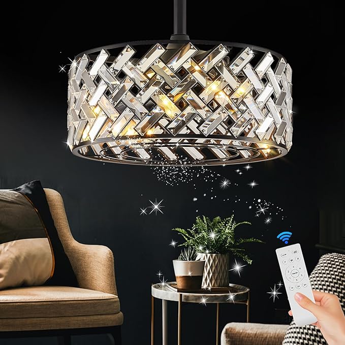 Modern Caged Ceiling Fan with Light Crystal Fandelier with Remote Control 18” Black Flush Mount Ceiling Fan DC Motor with Reversible 8 Blades 6 Speeds for Bedroom Dining Room Kitchen