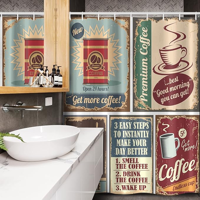 Ambesonne 1950s Stall Shower Curtain, Coffee Posters and Signs Design Bean Cup Espresso Mug Cappuccino Logo Print, Fabric Bathroom Decor Set with Hooks, 54" W x 78" L, Red Blue