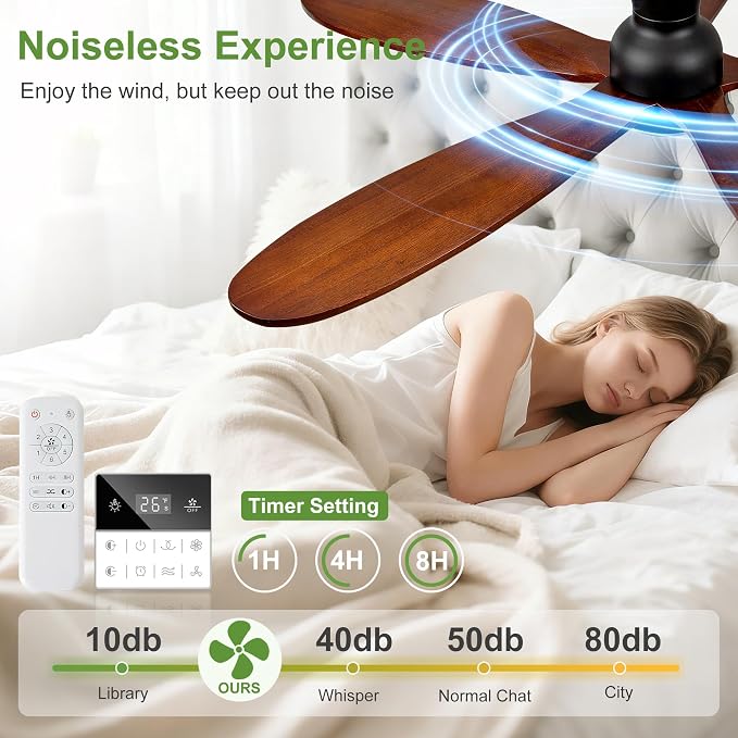 52 Inch Flush Mount Ceiling Fans with Lights, Remote, Dimmable, Power-Off Memory, Quiet DC Motor,5 Blades Wood Ceiling Fan with Light, Low Profile Outdoor/Indoor Hugger Ceiling Fan for Patio
