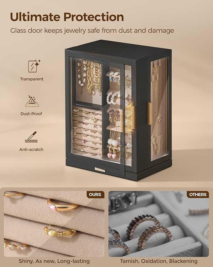 Glimmloop 360° Rotating Jewelry Box with 7 Drawers, Spacious Vertical Jewelry Organizer with Glass Window, Jewelry Storage Case, Dustproof & Moisture-resistant Design, Black