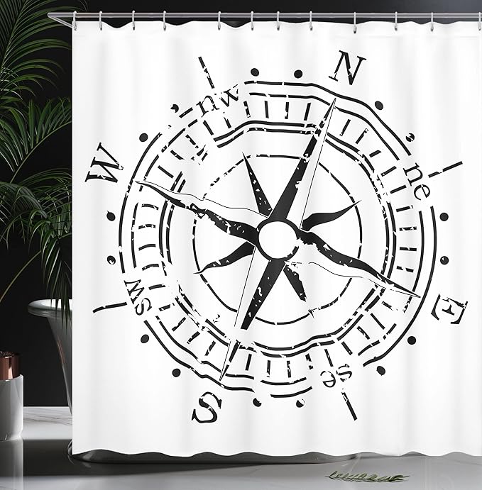 Ambesonne Compass Shower Curtain, Monochrome Windrose Simplistic Design Direction Navigation Prehistoric, Cloth Fabric Bathroom Decor Set with Hooks, 69" W x 84" L, Charcoal Grey and White