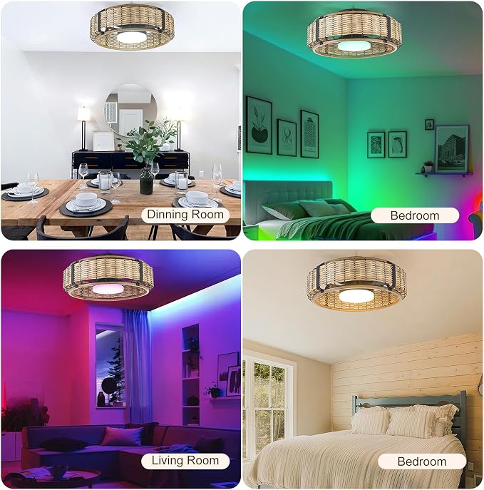 Ganeed 20" Bamboo LED Dimmable Ceiling Fan with Light and Remote Control, Boho Rattan Caged Ceiling Fans with Lights 6 Speed/Timer/RGB Flush Mount Fandelier for Kitchen Living Room Indoor Bedroom