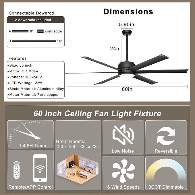Ohniyou 60" Industrial Ceiling Fan with Lights - Remote & APP Control, Dimmable, DC Motor, Outdoor Fan with Aluminum Blades for Patio Living Room, Black