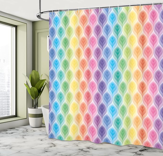 Ambesonne Trippy Shower Curtain, Rainbow Colors Abstract Gradient Toned Leaf Pattern in Digital Soft Pastel Design Modern Art, Cloth Fabric Bathroom Decor Set with Hooks, 69" W x 75" L, Blue Yellow