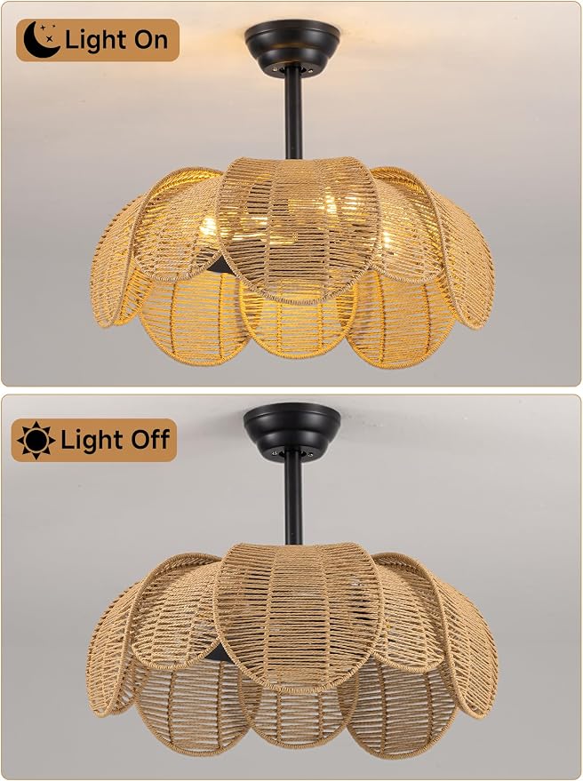 26" Boho Ceiling Fans with Lights and Remote,Black Handwoven Rattan Fandelier with 6 Speeds Timing for Kitchen Island,Dining Room,Living Room,Nursery