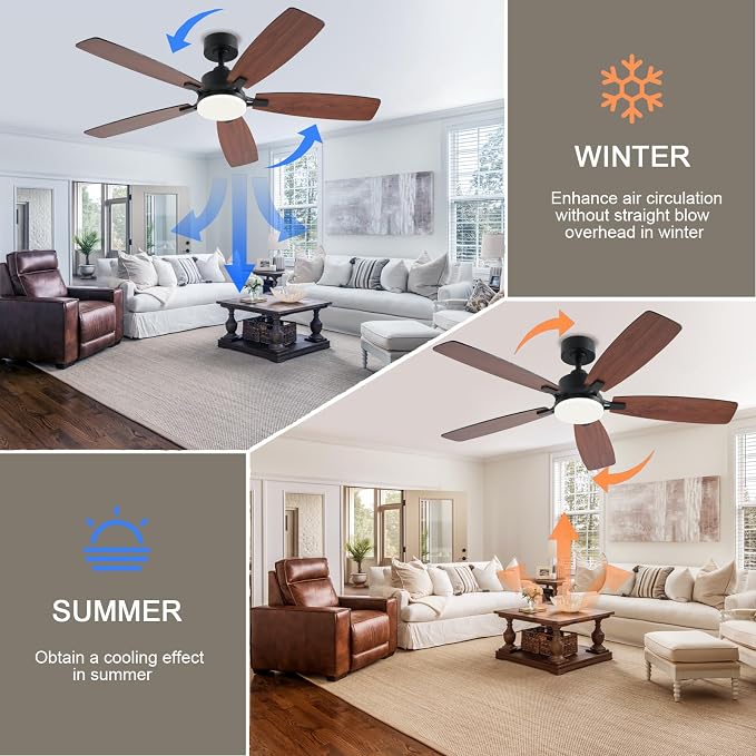 NKPU 52inch Ceiling Fans with Lights, Low Profile Ceiling Fan with Light and Remote/App Control, 2 Downrods, DC Reversible Motor, Noiseless, Dimmable Brown Ceiling Fan for Bedroom Livingroom