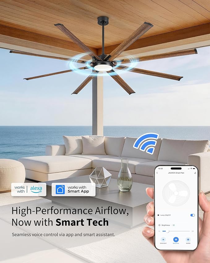 96 Inch Industrial Ceiling Fan with Light and Remote, Extra Large Design with 8 Aluminum Blades, Smart Control Compatible with Voice Assistants, Model ZCCF04WD-96