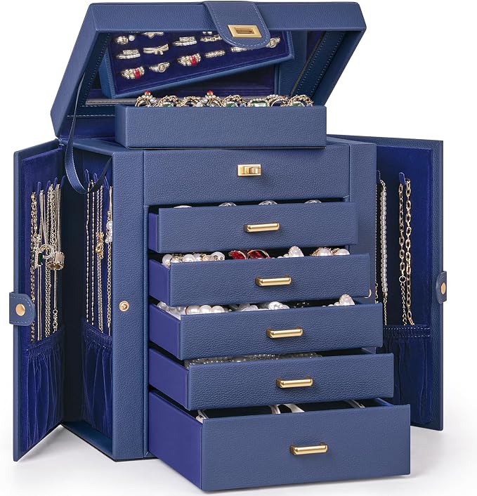 AKOZLIN 6-Tier Jewelry Box Organizer Functional 5 Drawers Leather Jewelry Storage Case for Women Girls Ring Necklace Earring Bracelet Holder Organizer with Mirror Medium Blue