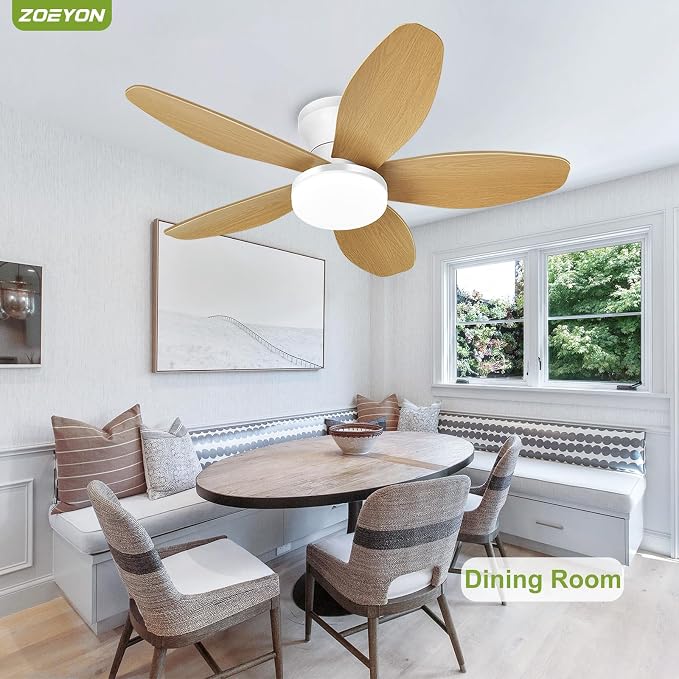 Small Ceiling Fan with Light - 35 Inch Flush Mount Ceiling Fan with Lights and Remote, Low Profile Ceiling Fans with 5 Reversible Blades, 6 Wind Speeds, White&Wood Ceiling Fans for Bedroom