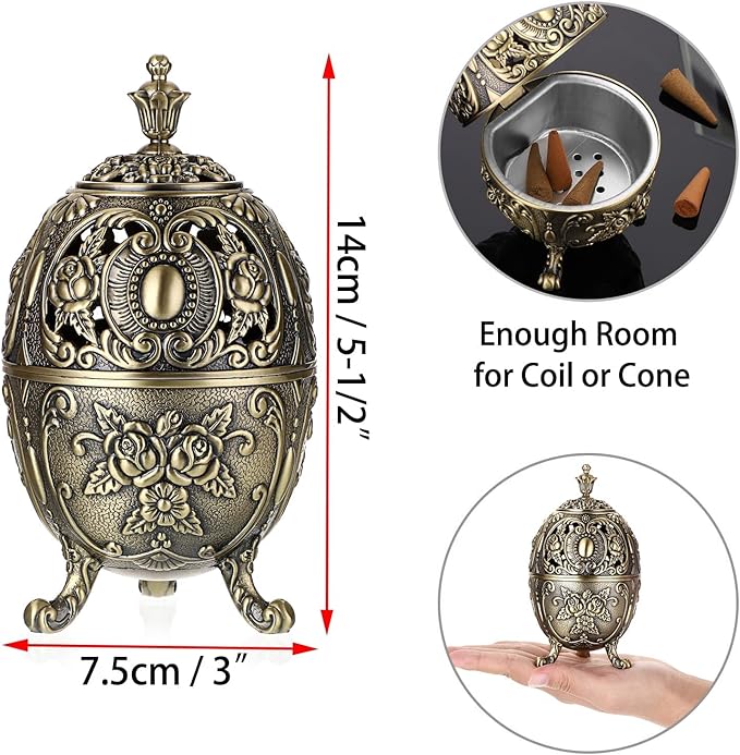 JUXYES Vintage Incense Burner Holder with Removable Ash Catchers, Metal Censer Antique Cone Coil Incense Burner Holder Zinc Alloy Spiritual Aromatherapy Yoga Meditation Gifts Retro Home Decoration