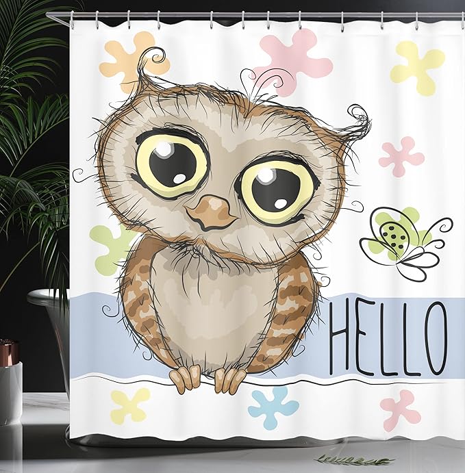 Ambesonne Owls Shower Curtain, Cartoon Owl and a Butterfly on Floral Background Hello Message Illustration, Cloth Fabric Bathroom Decor Set with Hooks, 69" W x 70" L, Rose Cadet Blue Brown
