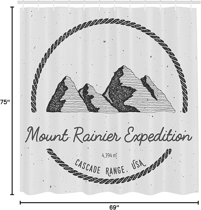 Ambesonne Mt Rainier Shower Curtain, Adventure Logo Look Design Mount Rainier Expedition Cascade Range, Cloth Fabric Bathroom Decor Set with Hooks, 69" W x 75" L, Pale Grey Charcoal Grey