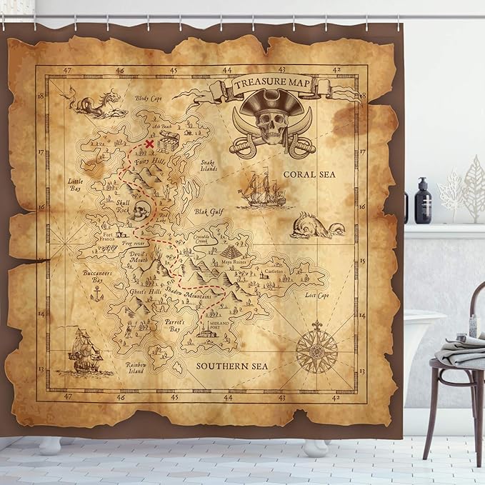 Ambesonne Island Map Shower Curtain, Super Detailed Treasure Map Grungy Rustic Pirates Gold Secret Sea History Theme, Cloth Fabric Bathroom Decor Set with Hooks, 69" W x 75" L, Beige Brown