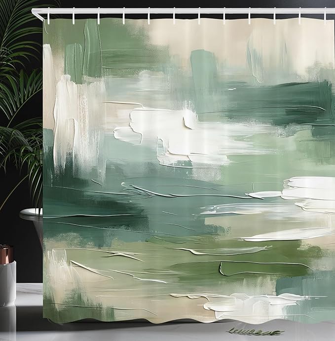 Ambesonne Green Shower Curtain, Abstract Design Brush Strokes Look Print with Pastel Tones Celtic Tones, Cloth Fabric Bathroom Decor Set with Hooks, 69" W x 75" L, Slate Brown White Teal