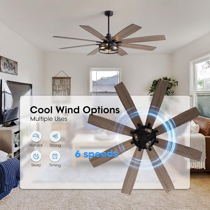 LuminFan 72 inch Large Ceiling Fans with Lights and Remote, Black Modern Ceiling Fan for Living Room, Patios, 6 Speed Reversible Quiet DC Motor, 8 Blades, Easy to Install