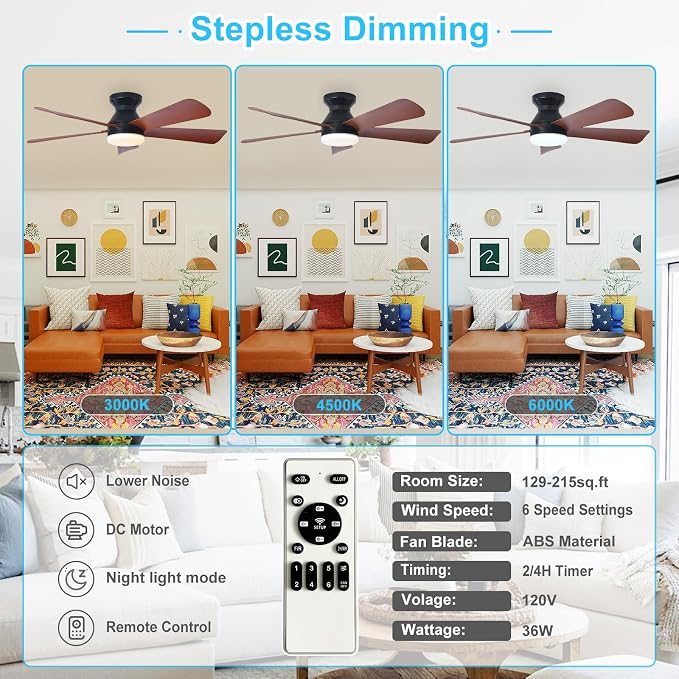 Depuley Modern Ceiling Fan with Light: 42-Inch Black Small Fans for Bedroom Indoor Outdoor - Dimmable Low Profile Ceiling Fans with Remote Control Flush Mount 5 Reversible Walnut Blades 6 Speeds Timer