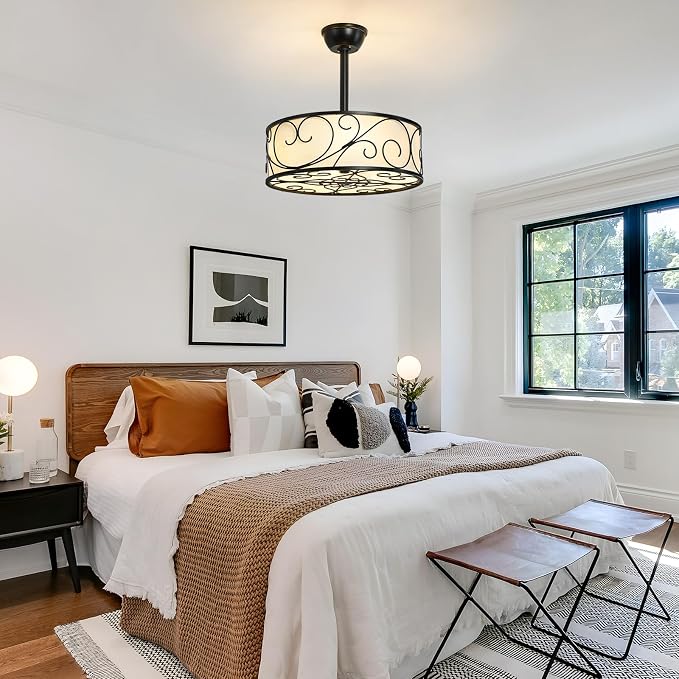 Farmhouse Caged Ceiling Fan Light: 18.9" Semi Flush Mount Ceiling Fan Lights Bladeless Fandelier with Remote/Timer/Reversible 6 Speeds/DC Motor Small Ventilador de Techo for Bedroom Living Room