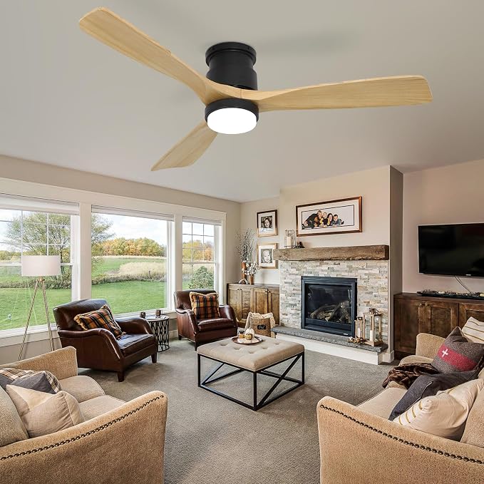 52inch Natural Wood Flush Mount Ceiling Fan with Light and Remote Control