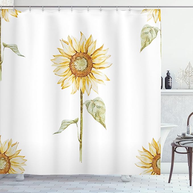 Ambesonne Sunflower Shower Curtain, Sunflowers Watercolor Painting Effect and in Minimalistic Design Art, Cloth Fabric Bathroom Decor Set with Hooks, 69" W x 70" L, Yellow Green