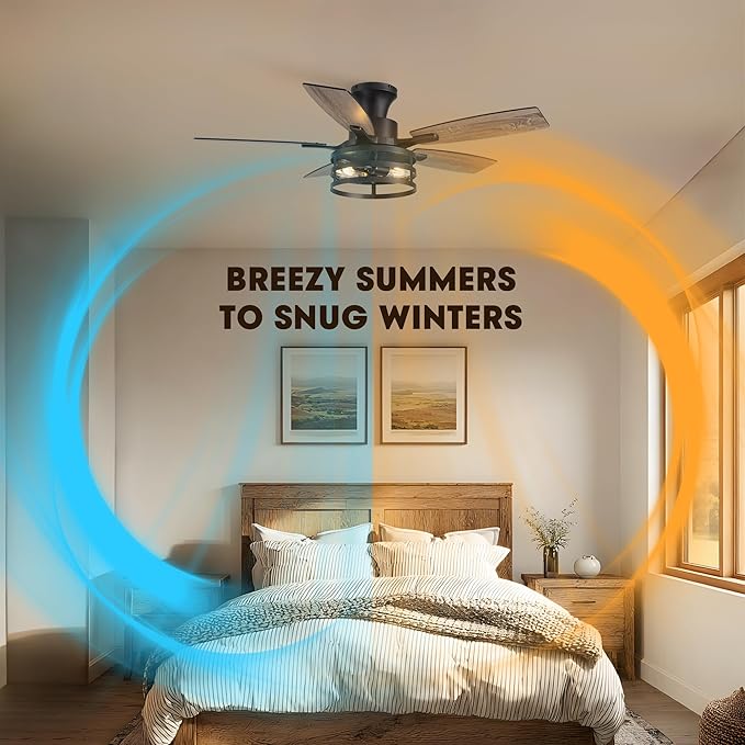 42 Inch Flush Mount Ceiling Fans with Lights and Remote Control, Farmhouse Ceiling Fan with LED Lighting for Bedroom Living Room and Patio, Black Caged Ceiling Fan for Indoor and Outdoor(NO Bulbs)