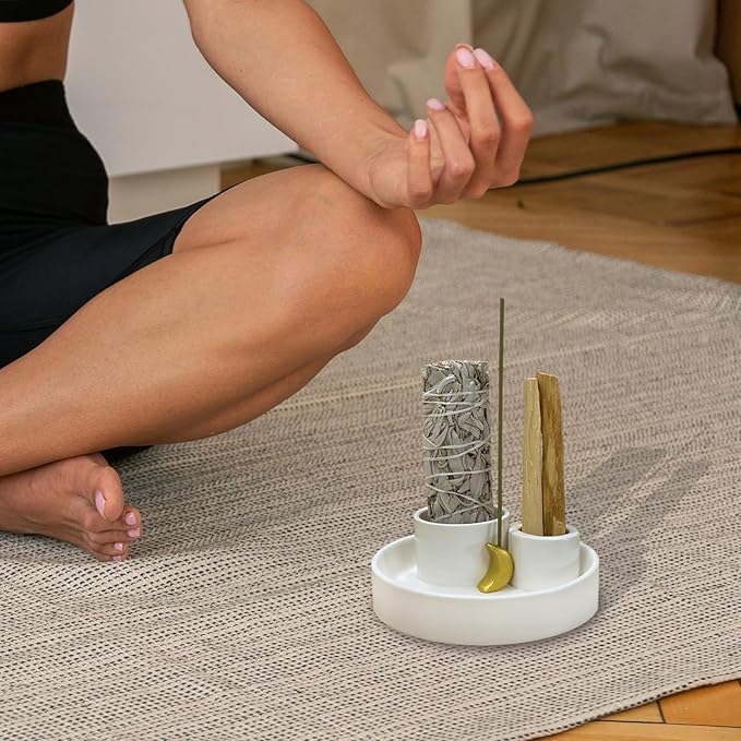 4 in 1 Incense Burner Holder, Palo Santo Holder, Sage Holder for Burning, Ceramic Incense Sticks Holder for Meditation Yoga Room Home Decor (White)