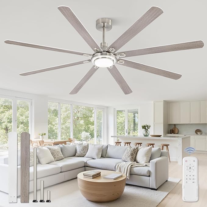 Fanbulous 84 Inch Ceiling Fans with Lights and Remote, Brushed Nickel Ceiling Fan with 8 Dual-Color Blades, Indoor/Outdoor Large Ceiling Fans, Reversible DC Motor, 6-Speed, 3CCT for Living Porch Patio