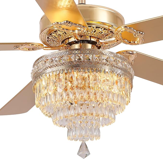 62"Golden Crystal Chandelier Ceiling Fans with Lights and Remote Control | Classical Design,6 Reversible Speeds,30W Quiet DC Motor,5 Wooden Blades,3*E12 LED Bulbs Included,for Living Room Bedroom