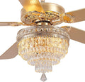 62"Golden Crystal Chandelier Ceiling Fans with Lights and Remote Control | Classical Design,6 Reversible Speeds,30W Quiet DC Motor,5 Wooden Blades,3*E12 LED Bulbs Included,for Living Room Bedroom