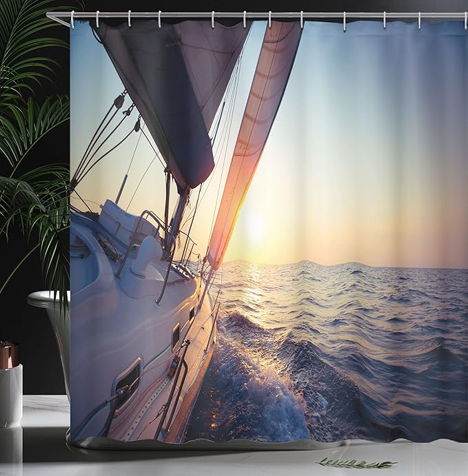 Ambesonne Sailboat Nautical Shower Curtain, Sail Boat Gliding in Open Sea at Sunset Leisure Vessel Windy, Cloth Fabric Bathroom Decor Set with Hooks, 69" W x 70" L, Yellow White Peach