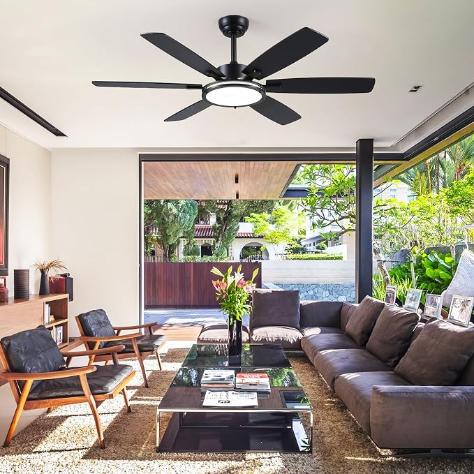 Hounber 52 Inch Ceiling Fans with Lights and Remote, Black Ceiling Fan with 6 Blades Dual Finish, 3CCT, Dimmable, Quiet DC Reversible Motor, Ceiling Fan Modern for Bedroom, Patio, Living Room