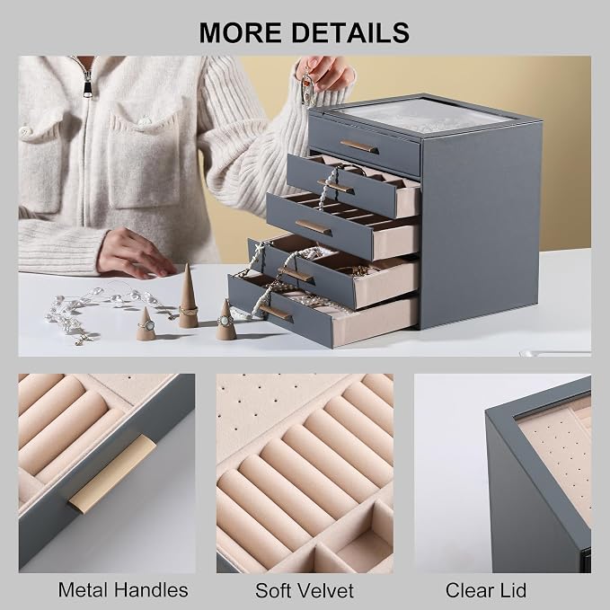 Frebeauty Jewelry Box for Women,Clear Lid Jewelry Organizer with 5 Drawers | Faux Leather,Velvet Lining,5-Layer Large Capacity,Jewelry Storage for Rings Earrings,Dustproof Design,Golden Stylish Handle