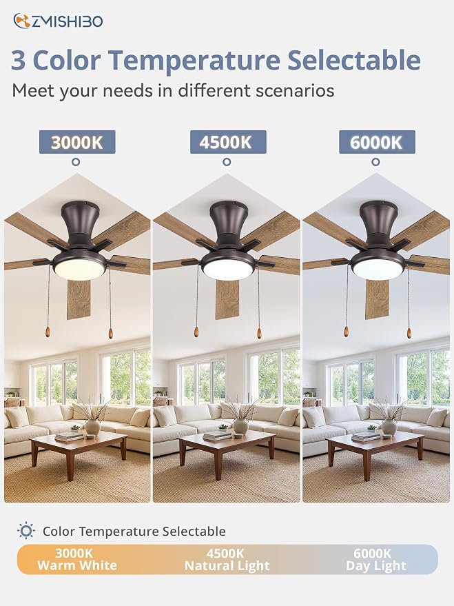 ZMISHIBO Ceiling Fans with Lights, Low Profile Ceiling Fan with Pull Chain and Remote Control, Flush Mount, Reversible, Dimmable, Noiseless, Black Pull Cord Ceiling Fan for Bedroom(60inch Brown)