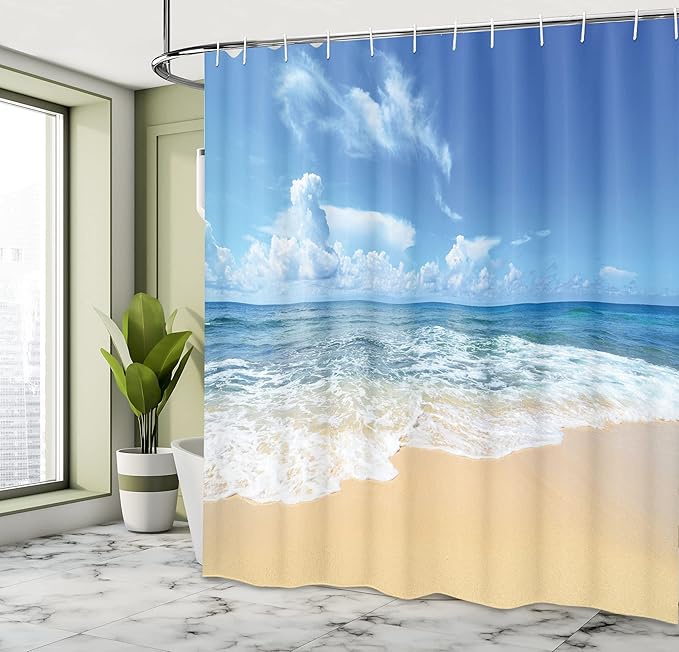 Ambesonne Ocean Shower Curtain, Waves and Paradise Beach with Sky Sun Endless Summer Sea Coast View Tropic Print, Cloth Fabric Bathroom Decor Set with Hooks, 69" W x 84" L, Cream Blue