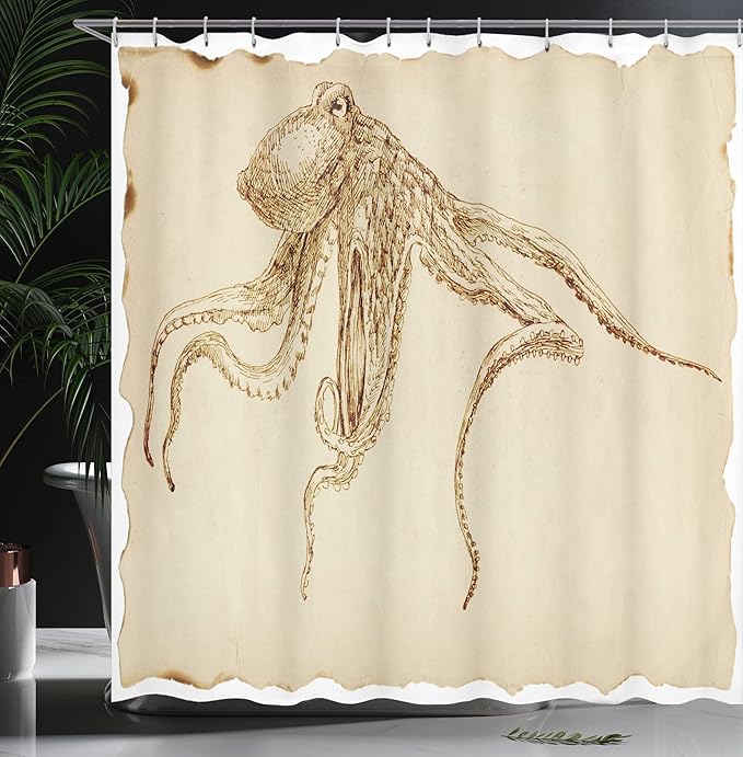 Ambesonne Octopus Shower Curtain, Octopus Illustration Sketch Style with Large Tentacles Vintage Art Print Marine, Cloth Fabric Bathroom Decor Set with Hooks, 69" W x 75" L, Ecru Brown