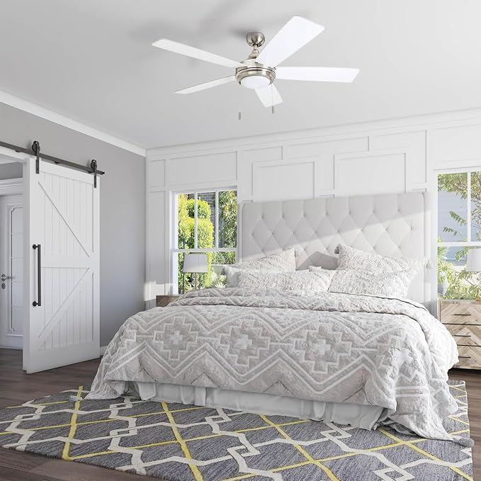 Honeywell Ceiling Fans Ventnor, 52 Inch Modern Farmhouse Indoor LED Ceiling Fan with Light, Pull Chain, Three Mounting Options, Dual Finish Blades, Reversible Motor - 50606-01 (Brushed Nickel)