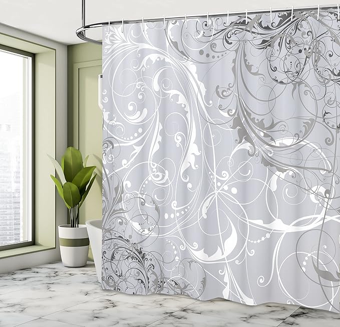 Ambesonne Floral Shower Curtain, Baroque Swirl Branches Curved Flower Leaves Shabby Form Nature Pattern, Cloth Fabric Bathroom Decor Set with Hooks, 69" W x 84" L, Pearl White