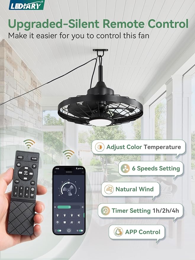 LEDIARY 20" Outdoor Ceiling Fan with Lights,IP65 Waterproof Gazebo Hanging Fan with Remote Control Smart App, Plug in Caged Ceiling Fan with 3CCT 6-Speeds for Patio Porch Pergola(Black)