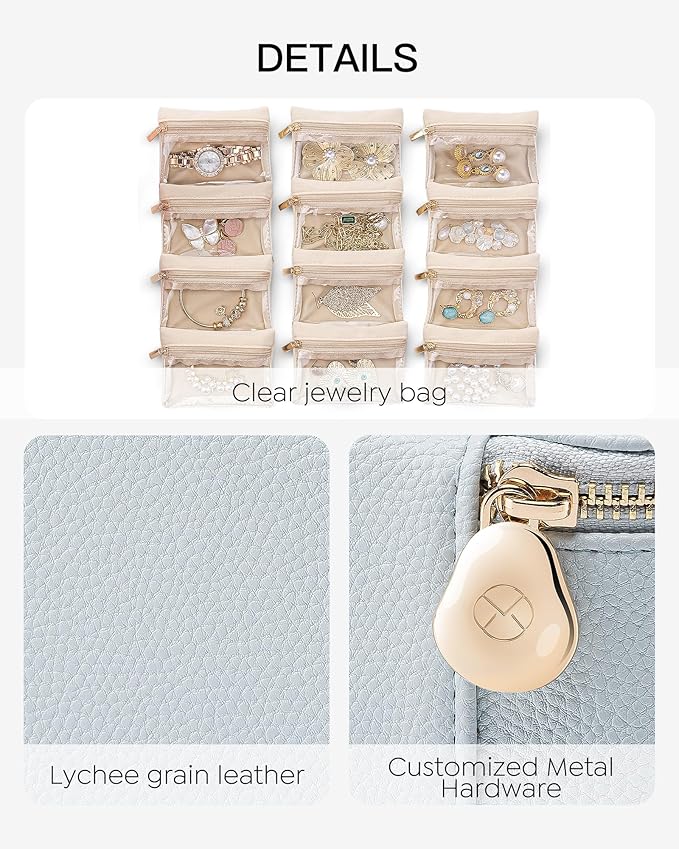 VLANDO Jewelry Travel Case,Travel Jewelry Organizer with Clear Velvet Jewelry Bags 12Pcs Zipper Pouch for Women Girls-Baby Blue